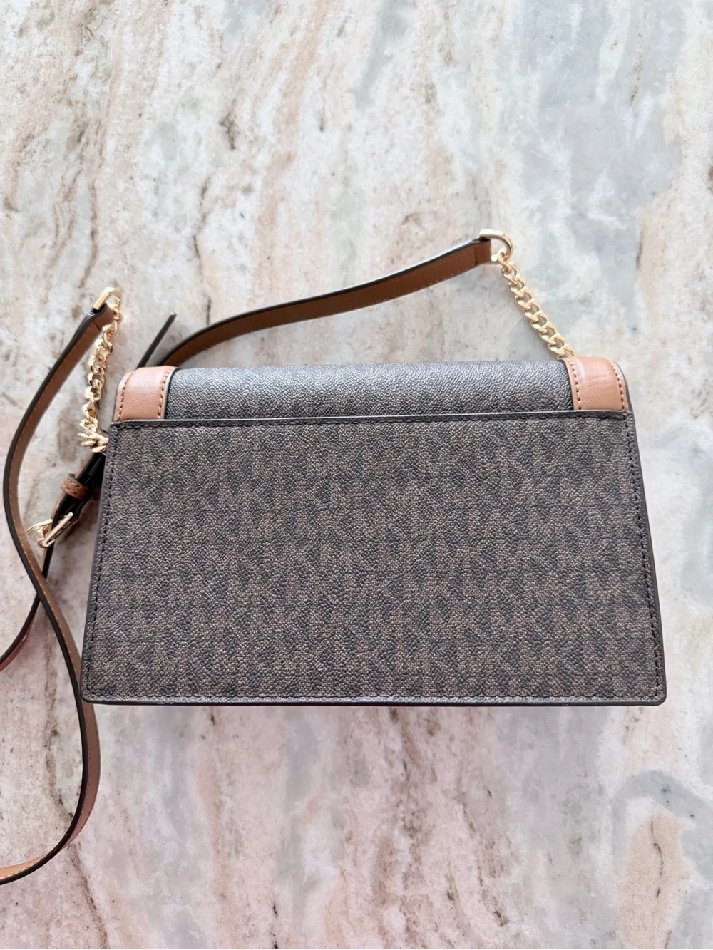 Michael Kors Brown and Tan Logo Crossbody Bag 6” H x 9” W